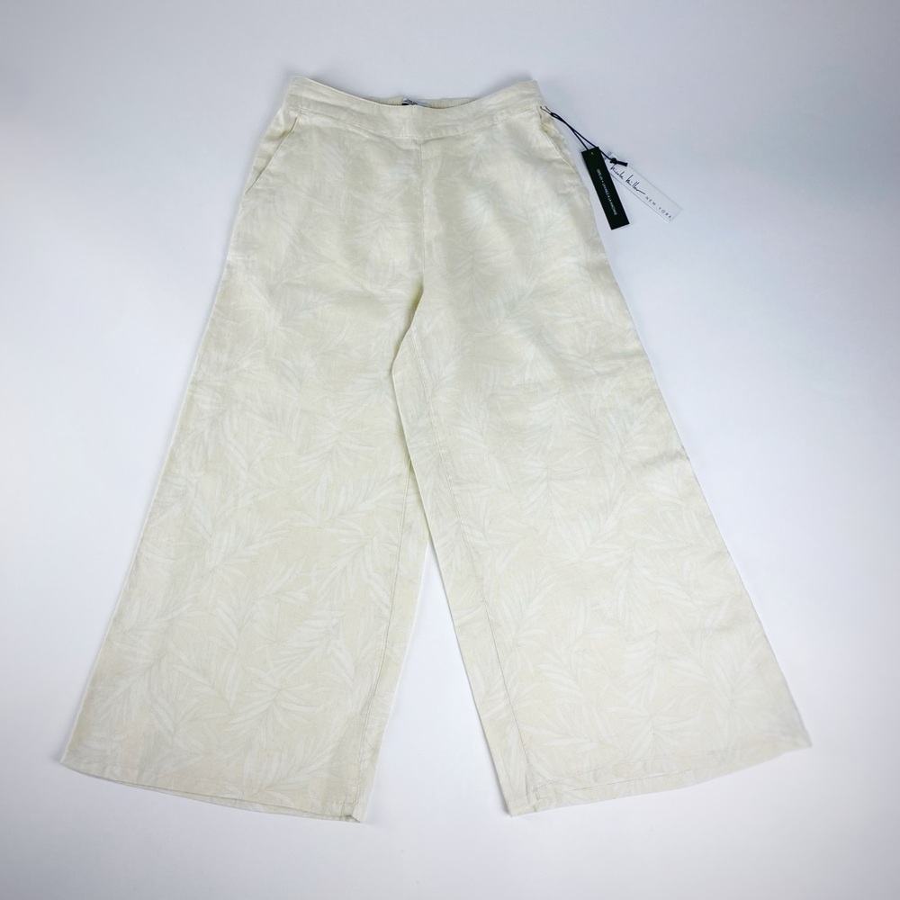 Nicole Miller 100% Linen Palm Trees Floral Wide Leg Pants Size M